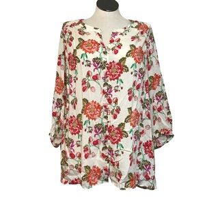 Rose + Olive Button Up Tunic Top Women’s Size 3X Color Beige Floral 3/4 Sleeve’s